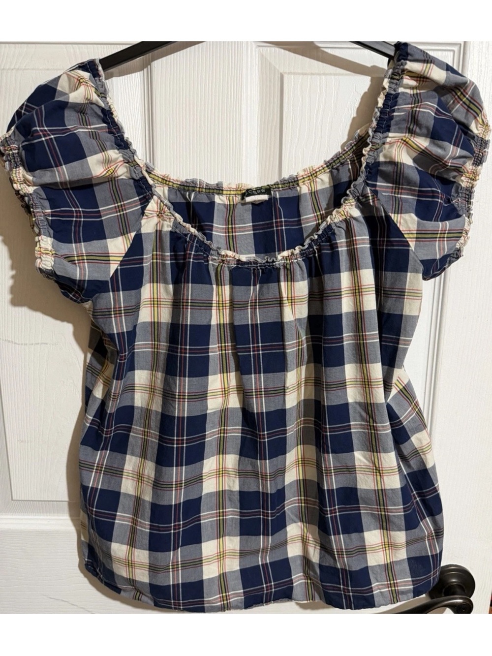 J.CREW Women's XL Multicolor Plaid Puff
Short Sleeve Pullover Blouse Classic